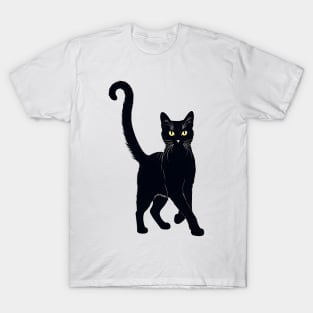 Elegant Silhouette: Black Cat Drawing T-Shirt